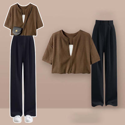 Fake Two Pieces Crop Top T-Shirt Casual Pants Set