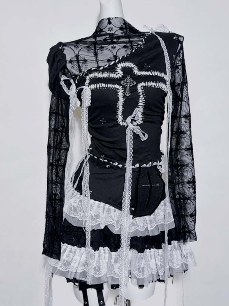 Gothic Black Illusion Lace Trim Cross Top