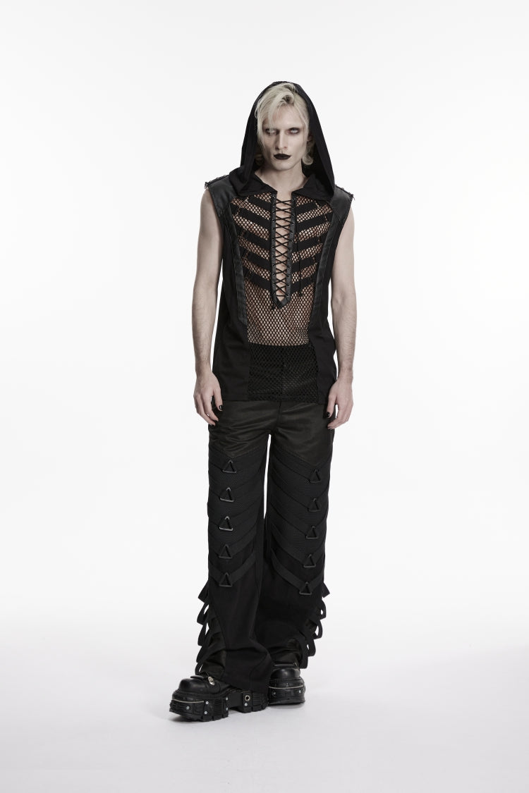 Noir Punk Vest with Hood and Lace-Up Front