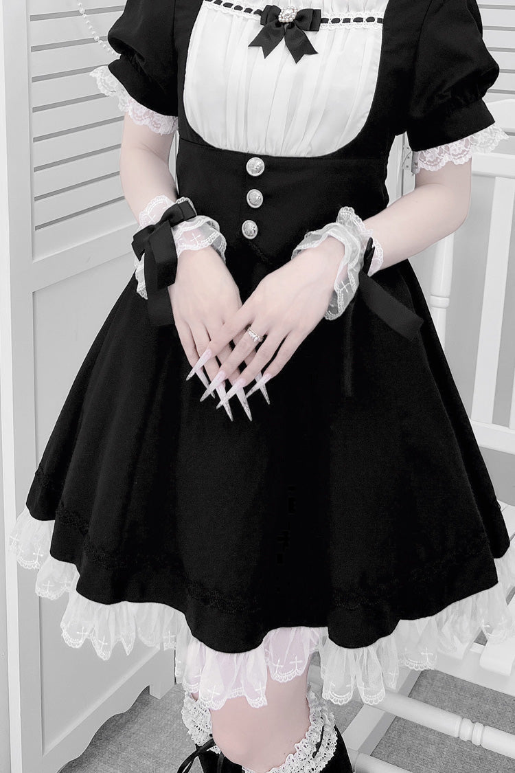 Monochrome Short Sleeve Ruffle Bow Cross Waist Maid Sweet Japanese Dress Set