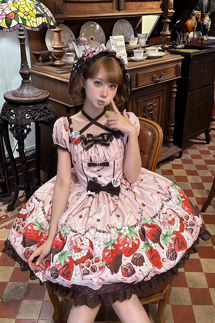 Chocolate Lover Square Collar Printed Bow Lace Sweet Lolita Dress