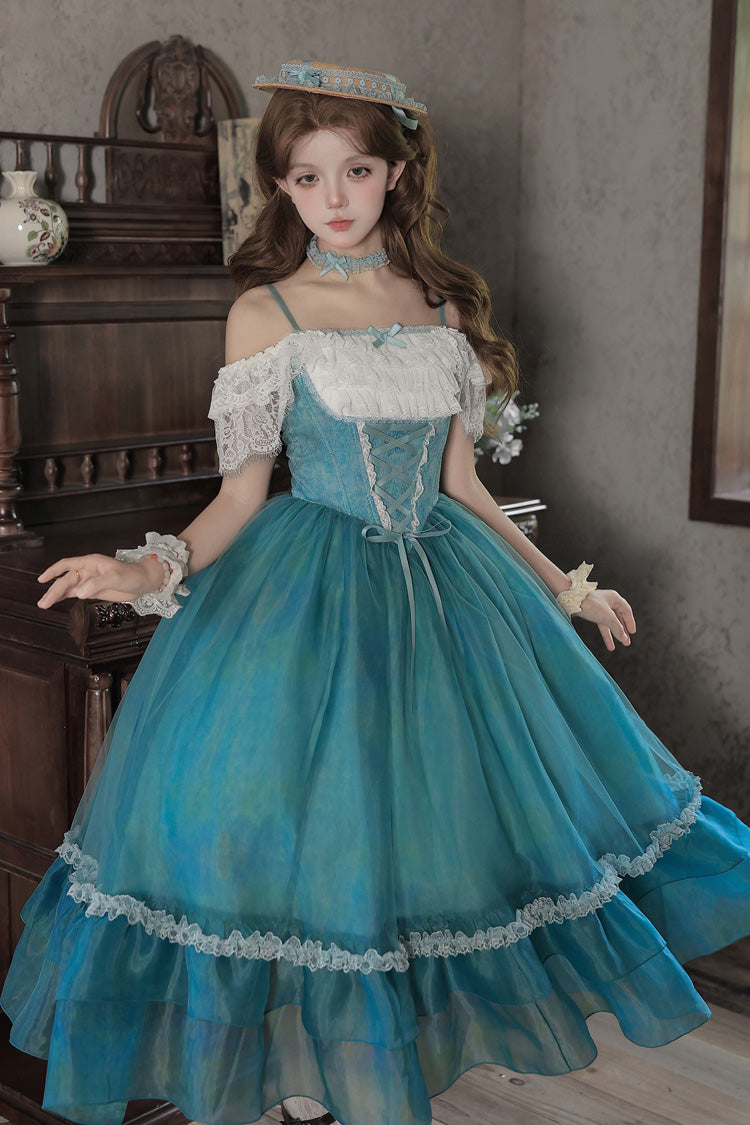 Water Lily Square Collar Ruffled Lace-Up Royal Lolita Dress