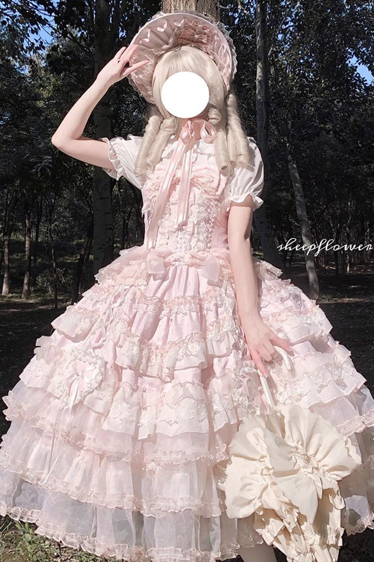 Rosy Ruffle Cascade Bow Embellished Sweetheart Lolita Jumper Dress - Sweetheart Diary