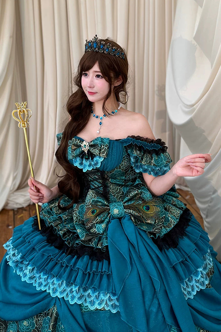 Blue/Green [Peacock Spirit Princess] Sleeveless Multi-Layered Ruffled Bow Lace-Up Classic Elegant Lolita Jsk Dress