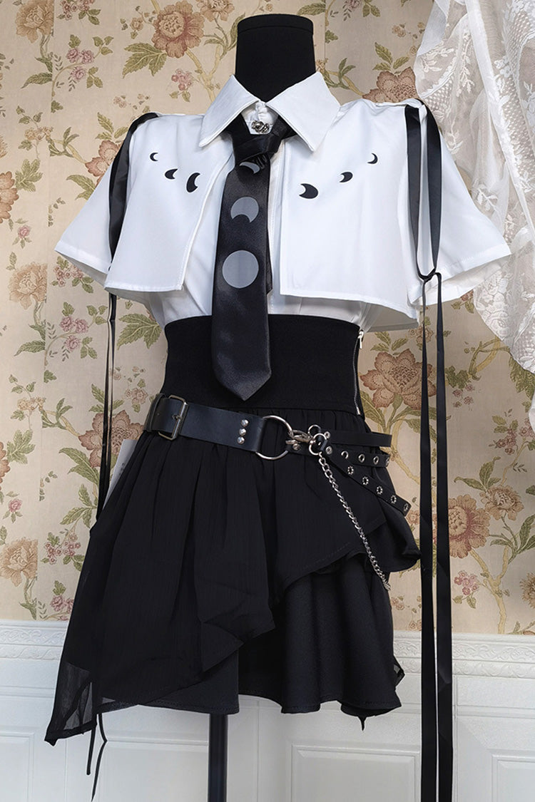 Monochrome Asymmetric Gothic Skirt and Blouse Set with Ruffled Short Sleeves