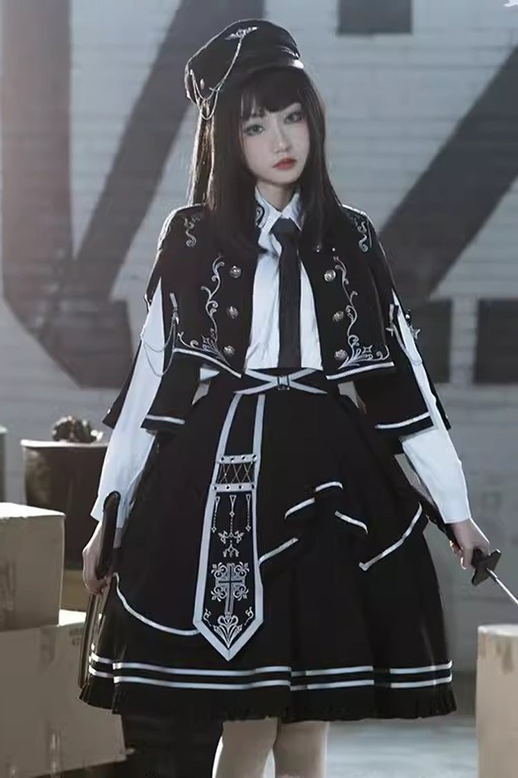Gothic Military Lolita Skirt with Thorn Print & Ruffle Trim