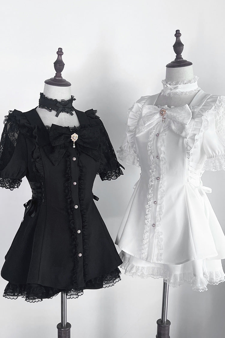 Noir Short Sleeve Ruffle Bow Gothic Jirai Kei Set - Waltz