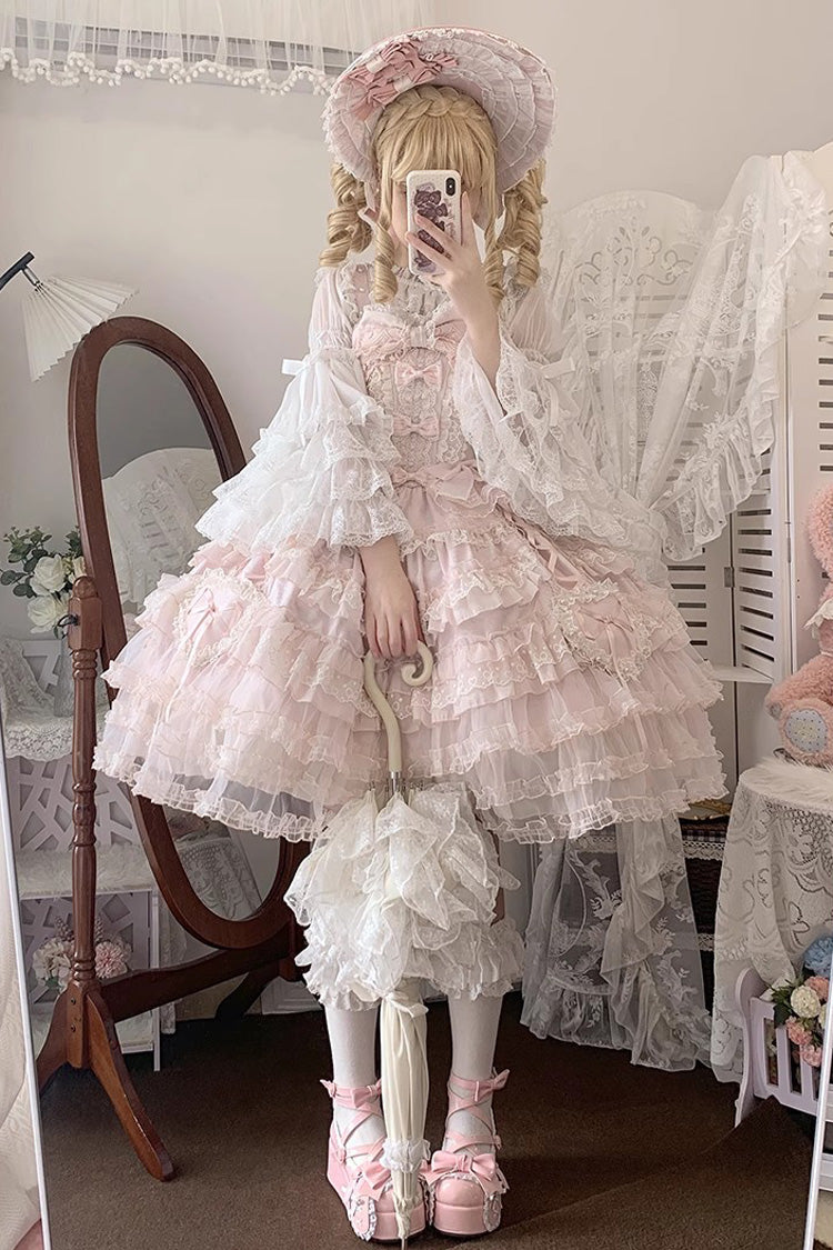 Rosy Ruffle Cascade Bow Embellished Sweetheart Lolita Jumper Dress - Sweetheart Diary