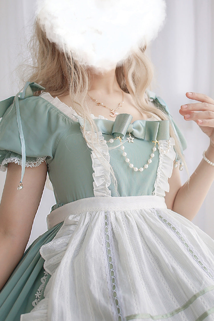 White-Green Sweet Lolita Short Sleeve Ruffle Hanayome Bowknot Dress