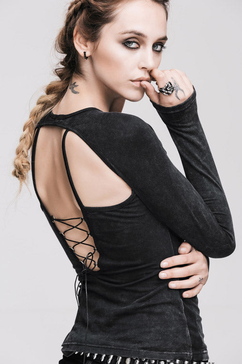 Women's Punk T-Shirt with Hollow Out Long Sleeves Straps Design