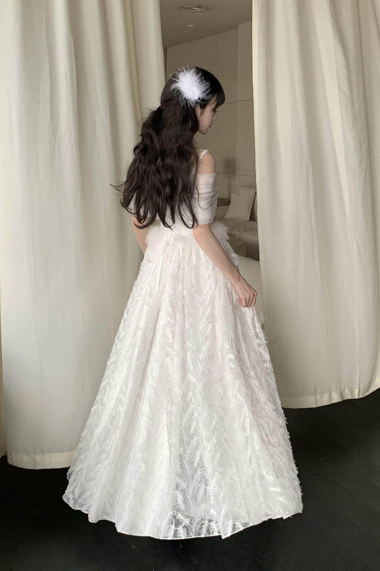White Off Shoulder Jacquard Embroidered Bow Gothic Lolita Jsk Dress - Moonlight