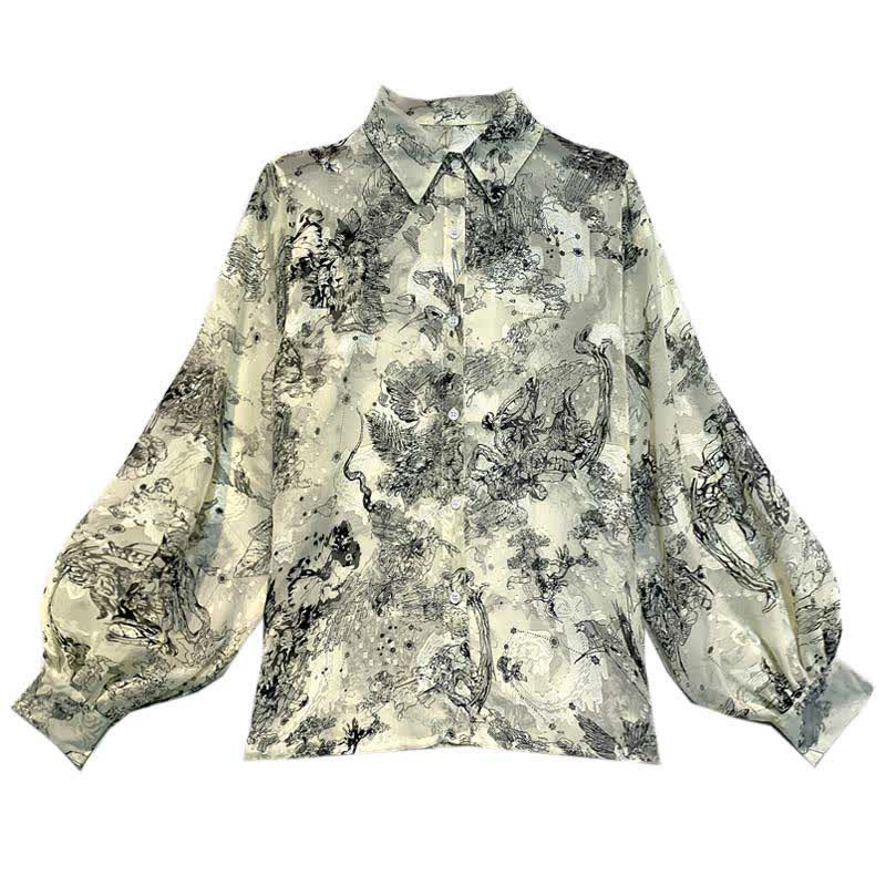 Vintage Ink Painting Print Puff Sleeve Shirt Workwear