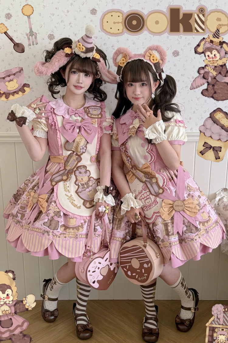 Teddy Bear Cookie Dessert Print Dress with Bow & Ruffles