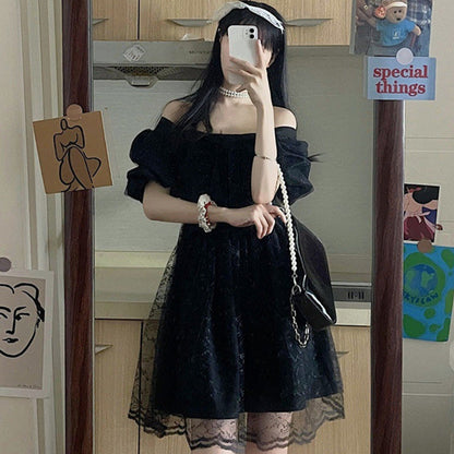 Black Lace Bow Knot Square Collar Tulle Dress