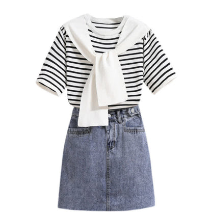 Chic Stripe Round Collar T-Shirt Denim Skirt