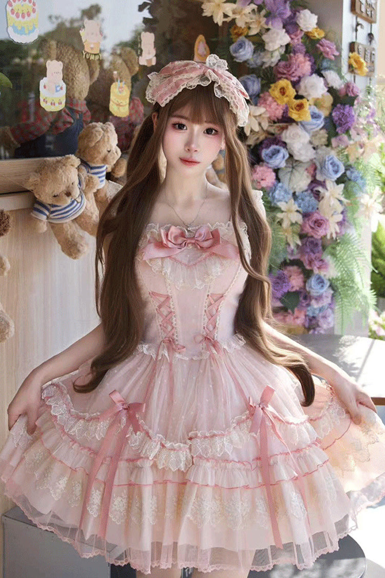 Magenta Sleeveless Ruffle Bow Lace Corset Sweet Jumper Dress - Candy House