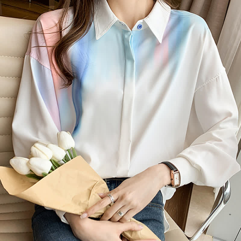 Colorblock Gradient Print Lapel Shirt