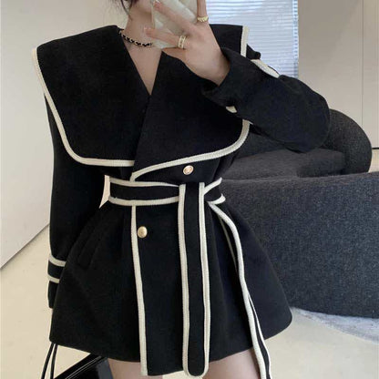 Elegant Print Sailor Collar Belted Coat