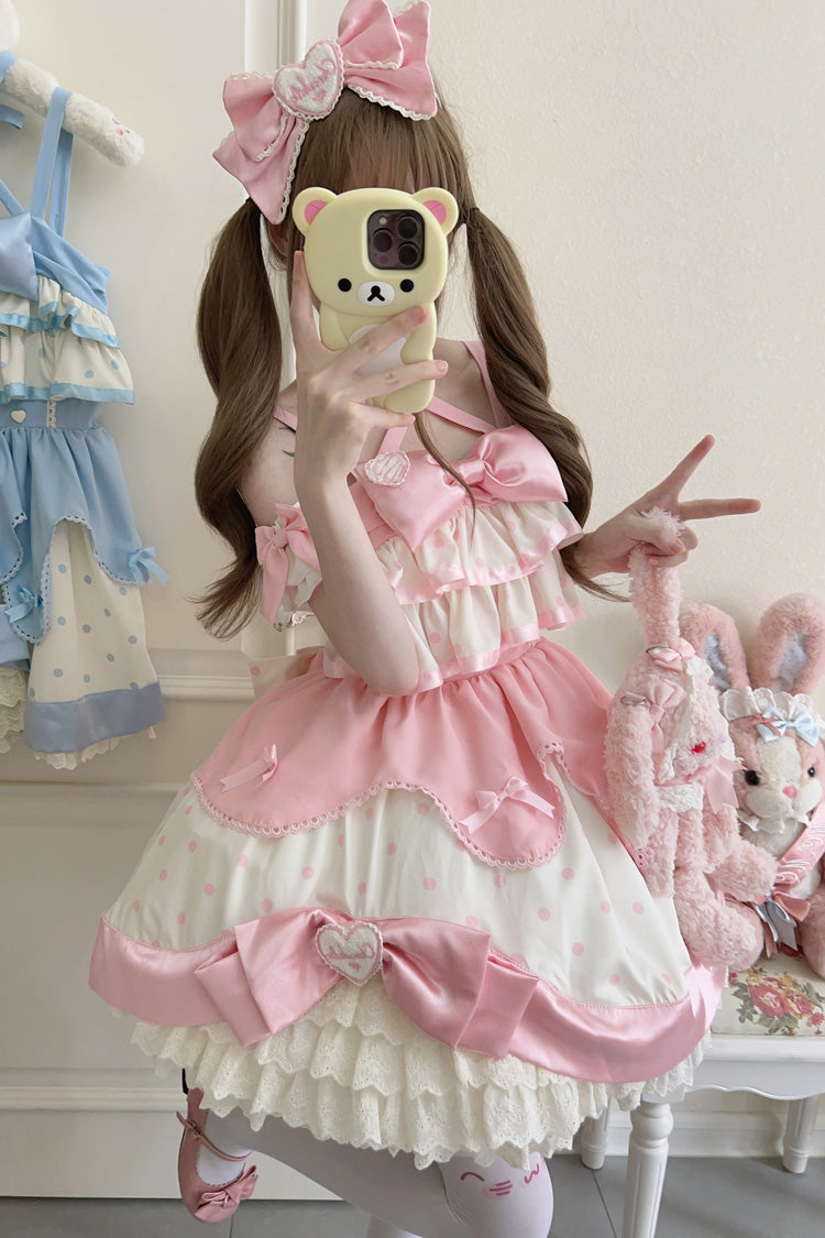 Pink Cream Polka Dot Ruffled Bowknot Sweet Lolita Jumper Dress