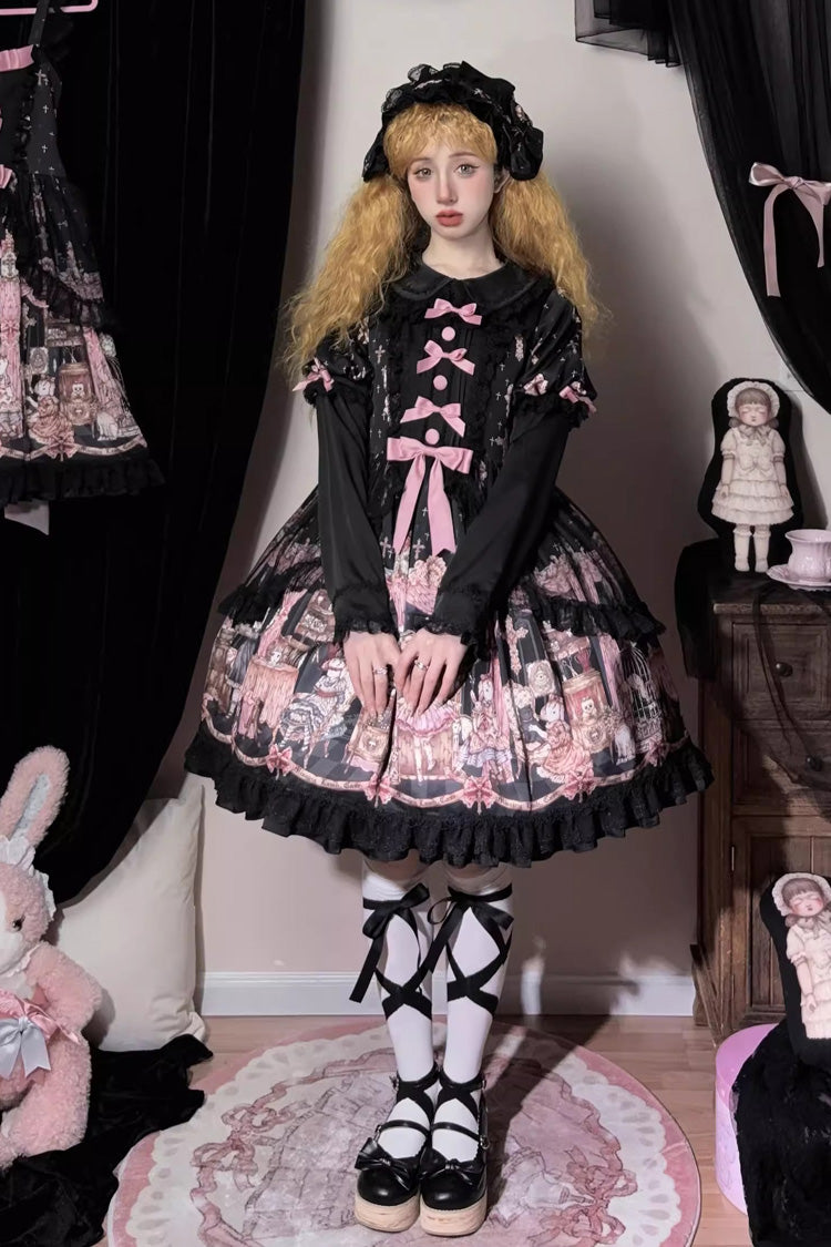 Ruffled Lace Dress with Bowknot and Missing Lamb Print