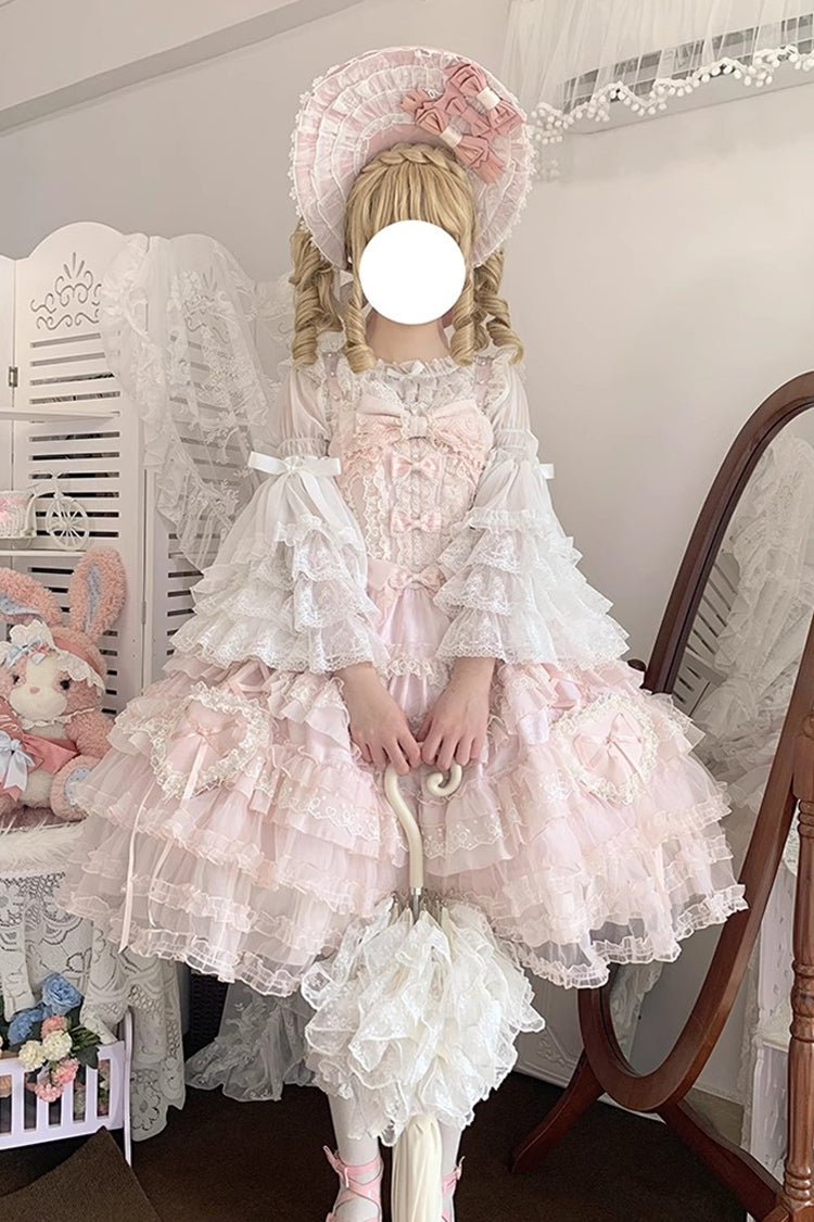 Rosy Ruffle Cascade Bow Embellished Sweetheart Lolita Jumper Dress - Sweetheart Diary