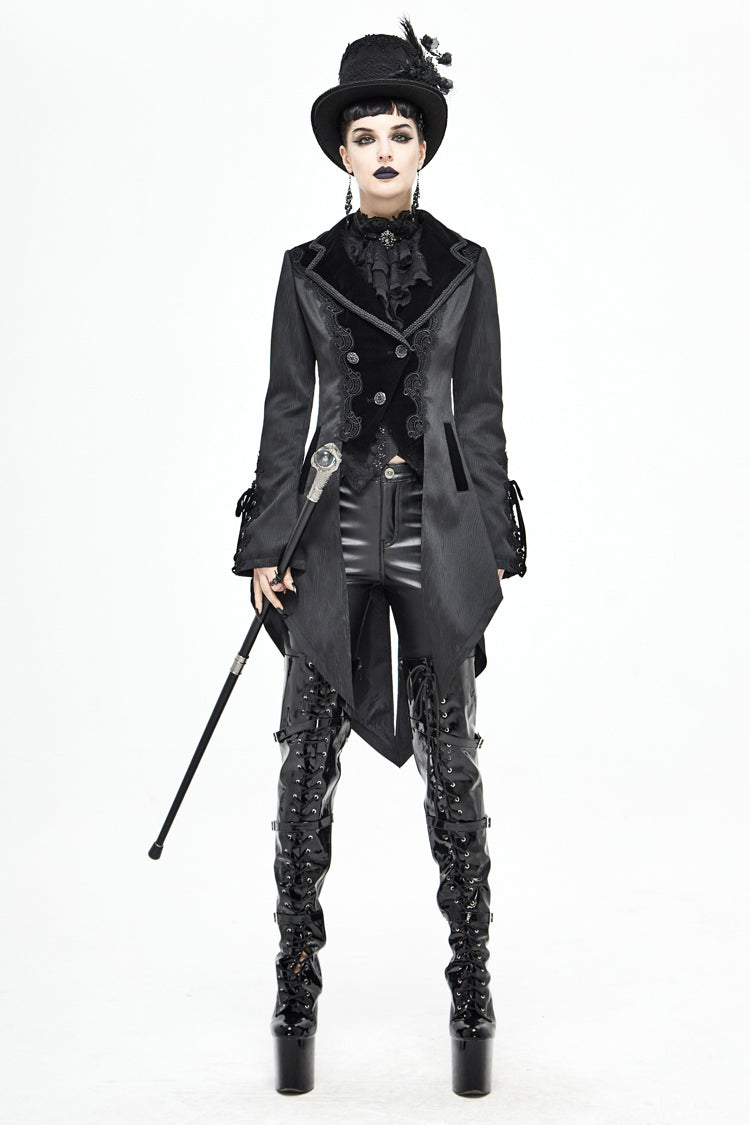 Women's Gothic Coat in Black with Decals, Metal Button Lace-Up Cuffs & Striped Jacquard