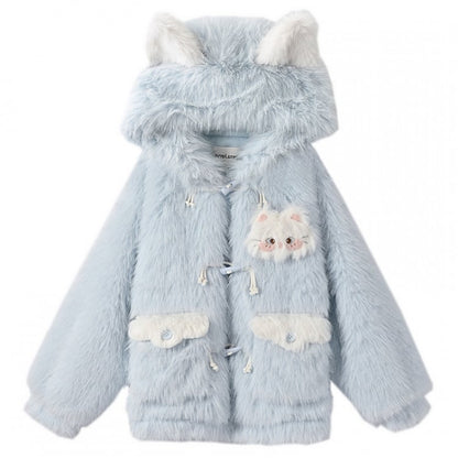 Blue Fluffy Cat Ears Hooded Faux Fur Coat Detachable Cat Plushie