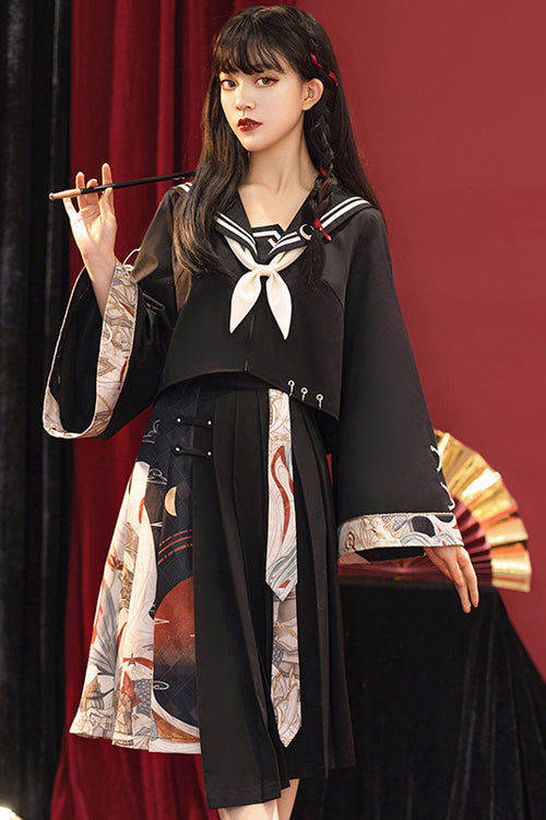 Classic Lolita Dress Set with Chinese Elements, Asymmetric Pleats and Bad Girl Print