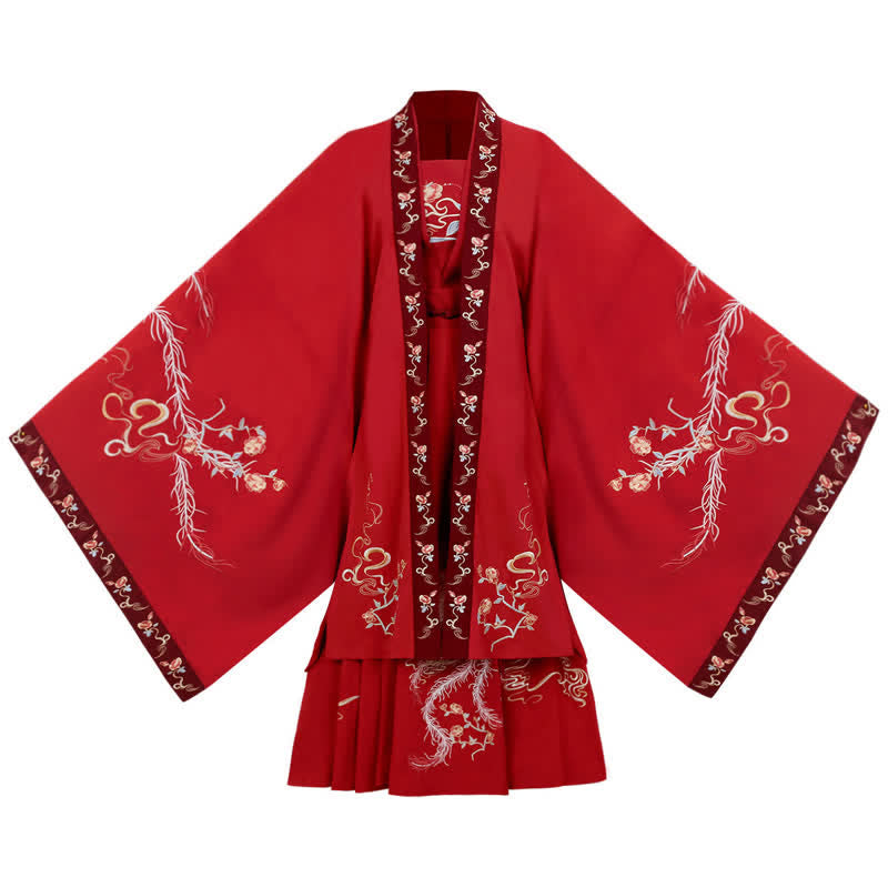 Red Phoenix Embroidery Tank Top Big Sleeve Cardigan Shirt Skirt Hanfu Set