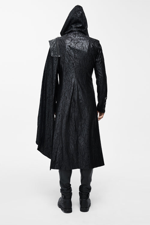 Men's Punk Long Leather Coat with Hooded One Side Shawl Style