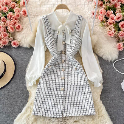 Elegant Plaid Slip Dress Lace Up Shirt Set