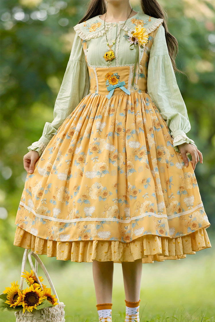 Yellow Sunflower Sleeveless Floral Bow Elegant Uplift Jsk