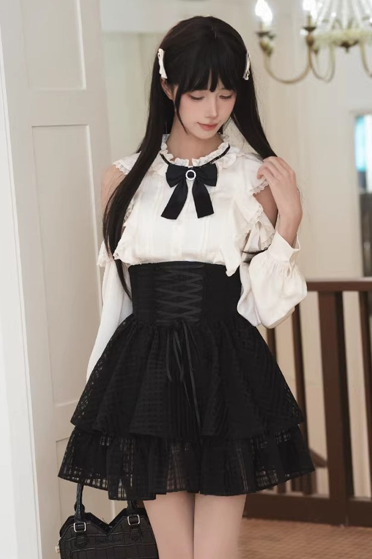 Monochrome Elegant Jirai Kei Skirt Set with Double-Layered Cut-Outs and Bow Lacing