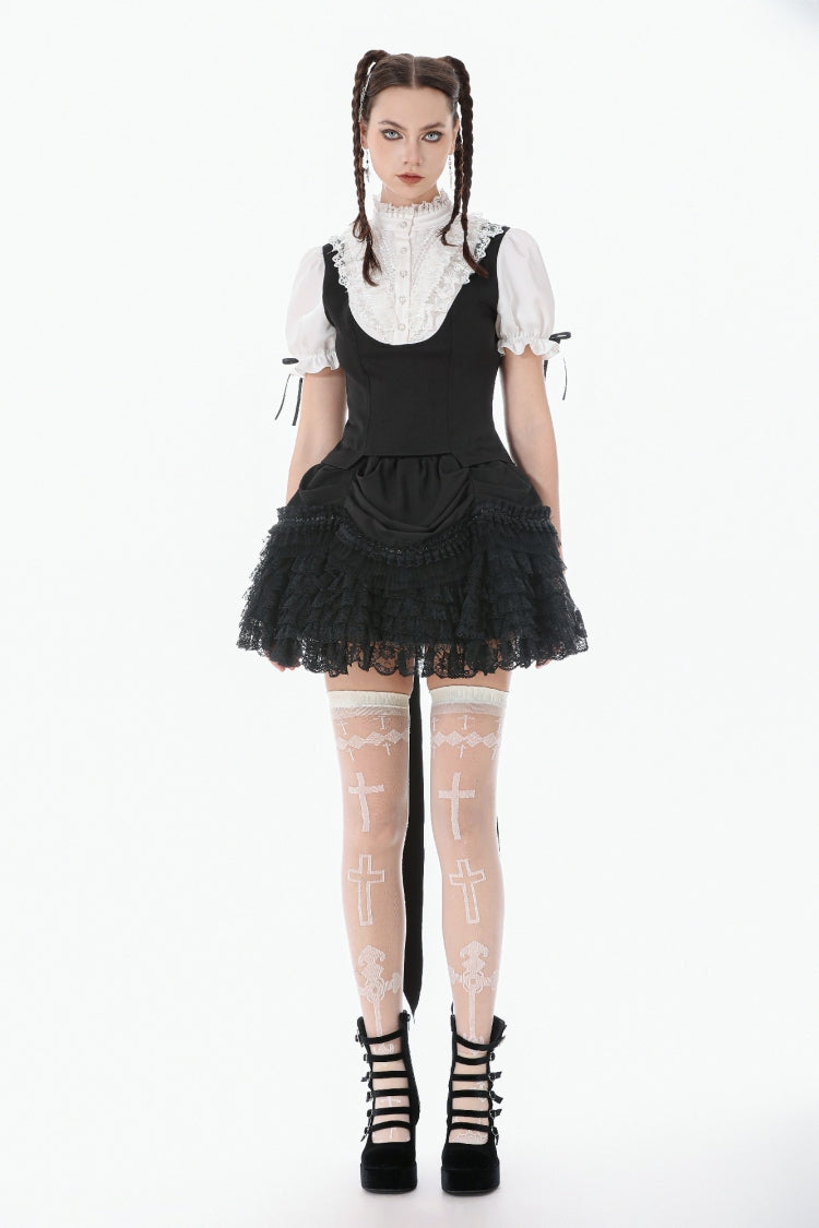 Monochrome Gothic Royal Blouse with Lace Ruffles and Stand Collar
