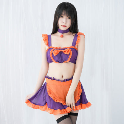 Pumpkin Bell Bow Decor Chiffon Maid Lingerie Set