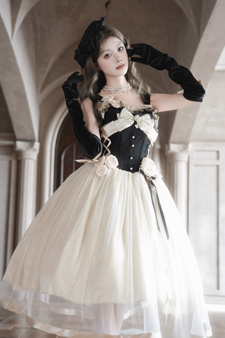 Black/White [Paris Souvenir] Sleeveless Ruffled Bow Lace-Up Fishbone Pearl-Decorated Classic Elegant Lolita Jsk Dress