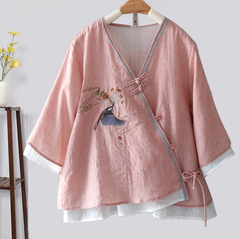 Vintage Bird Embroidery Buckle Shirt