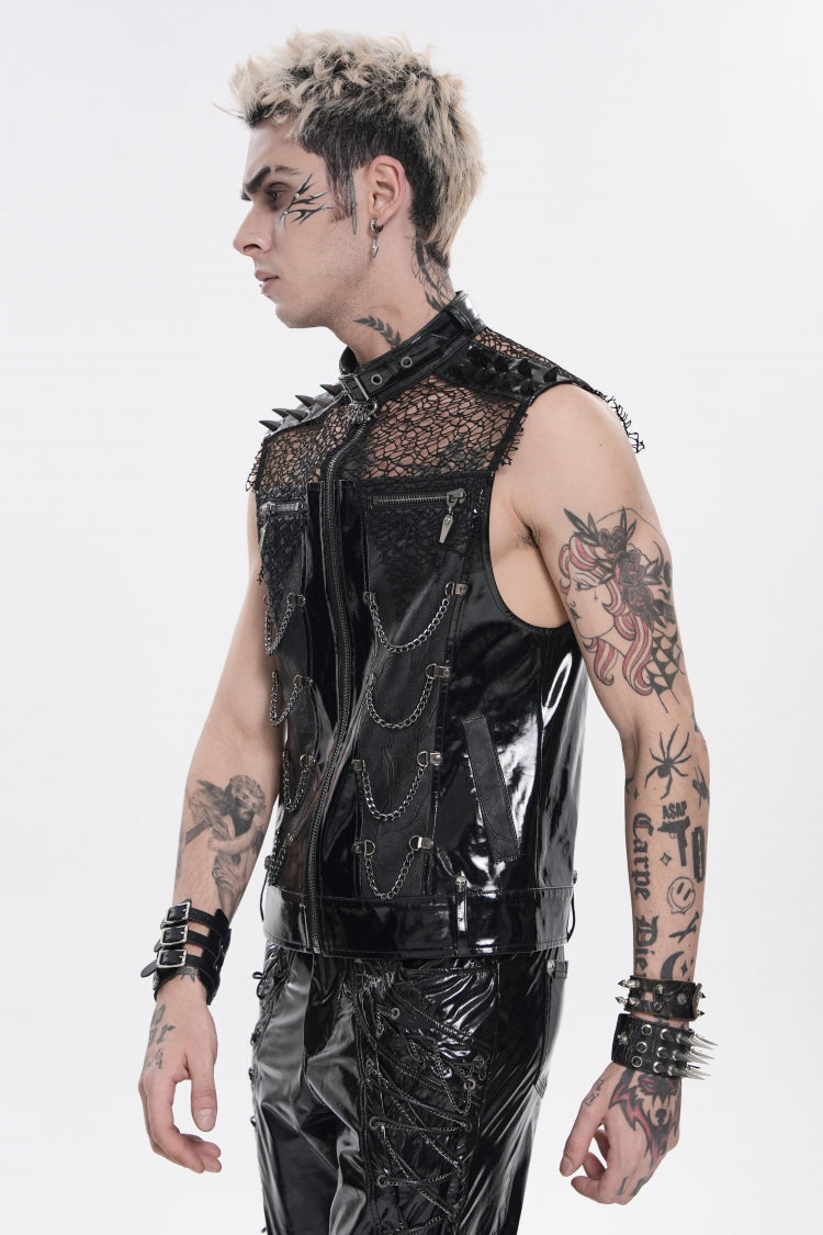 Noir Punk Vest with Chains, Studs, and Mesh Accents