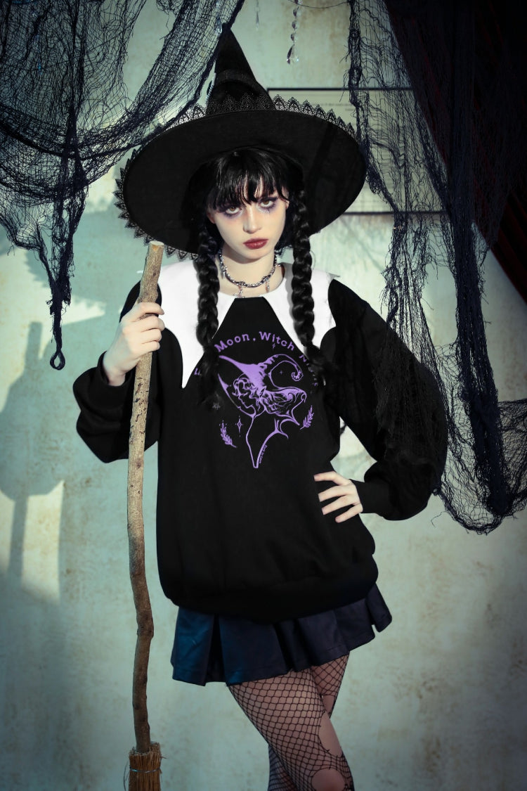 Monochrome Gothic Vintage Sweatshirt with Peter Pan Collar and Long Sleeves