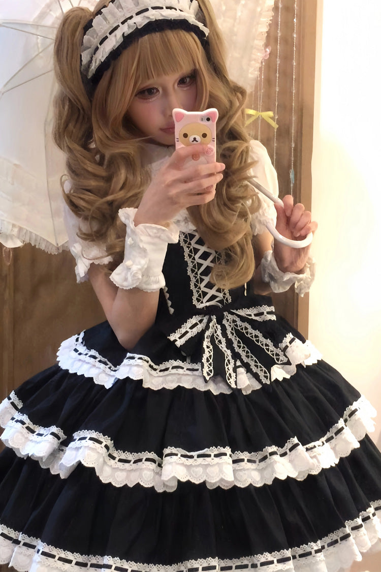 Black Maiden Heart Triple Layer Ruffle Bow Lace Sweet Jsk