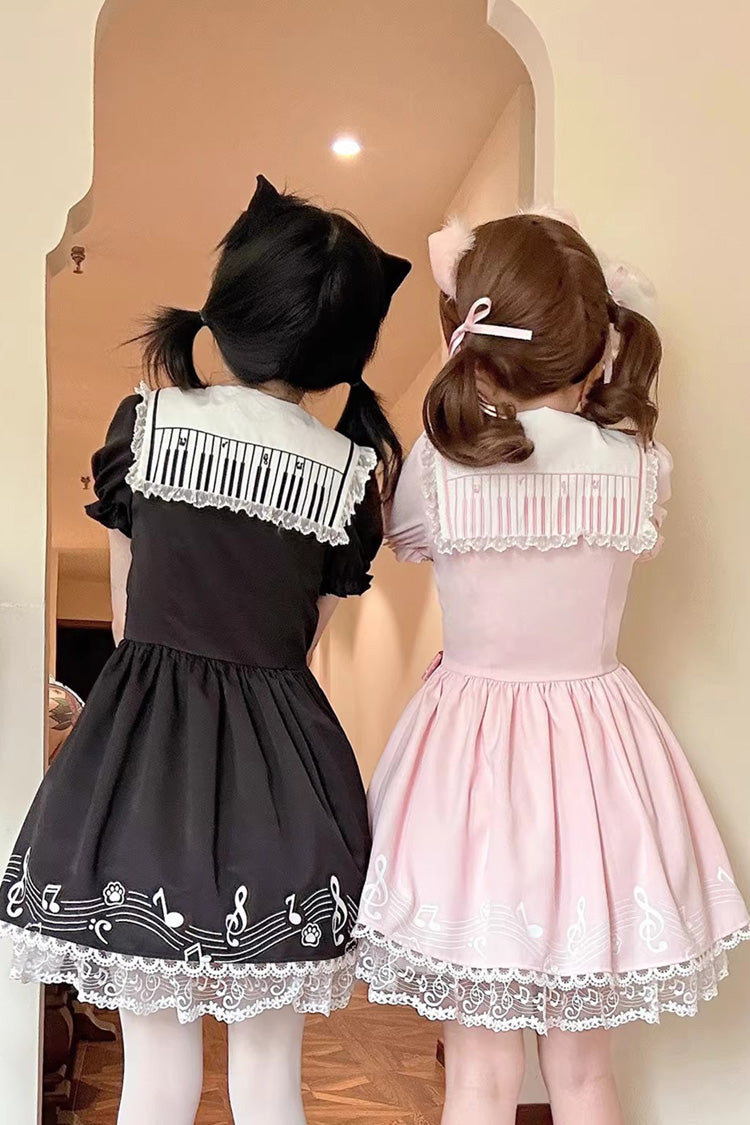 Black Melody Kitty Doll Collar Short Sleeves Ruffled Embroidered Bow Lace Sweet Dress