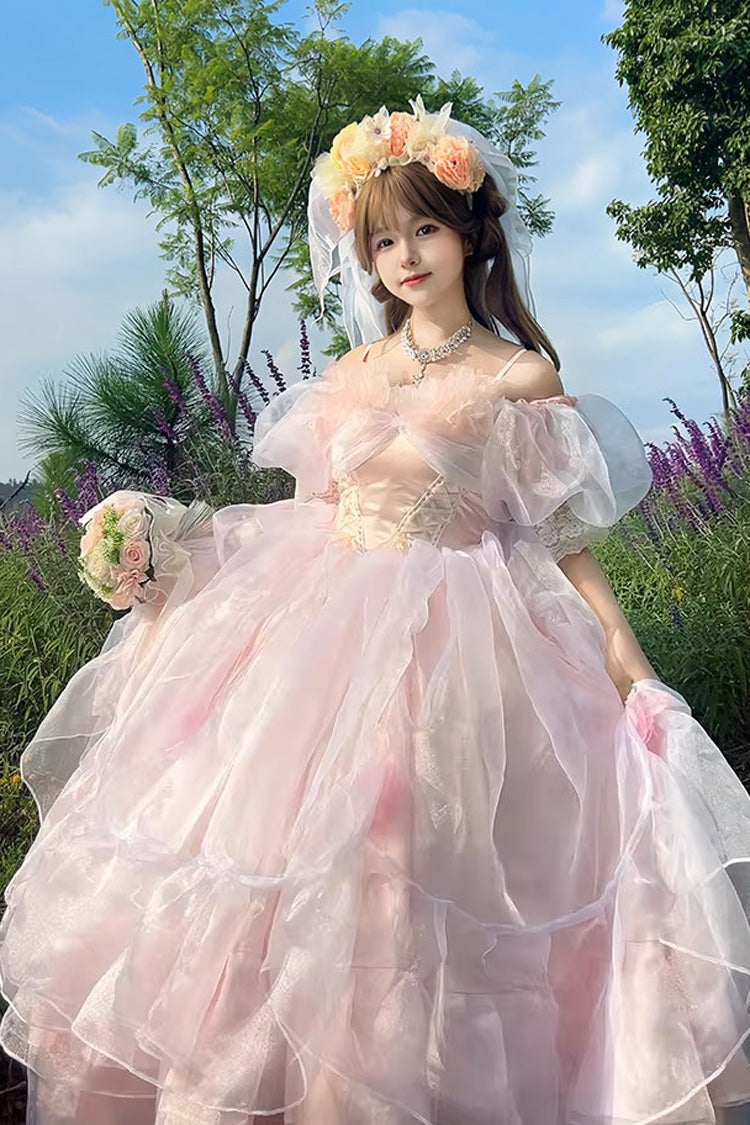 Off Shoulder Short Sleeve Multi-Layered Ruffled Hanayome Bow Lace Sweet Plus Size Lolita Dress - Pink