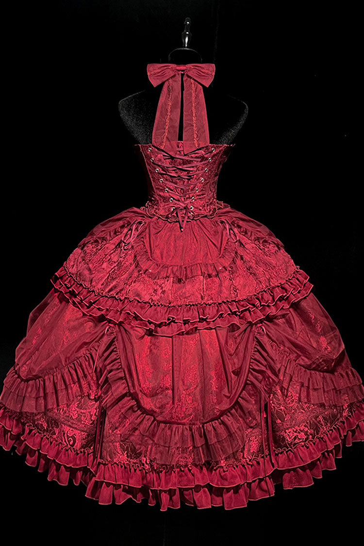 Wine Red Cross Halterneck Ruffle Bowknot Lace Lace-Up Gothic Dress