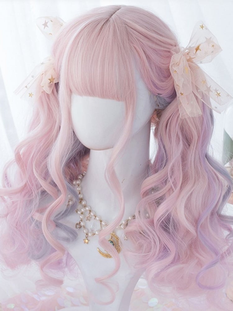 Macaroon Color Pink Purple Long Wavy Synthetic Wig With Bangs