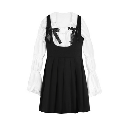 Sweet Square Collar Puff Sleeve Shirt Pleated Suspender Skirt Set