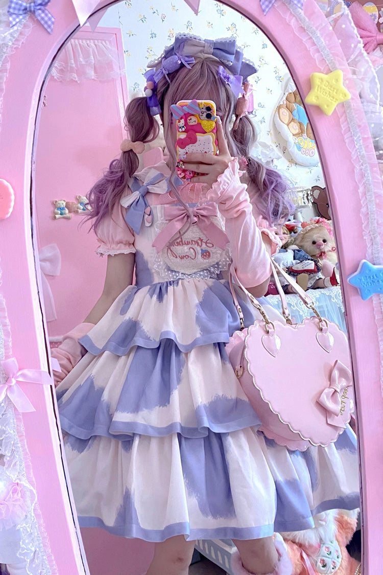 Blue Sleeveless Triple Layer Cow Print Ruffle Bow Sweet Jsk