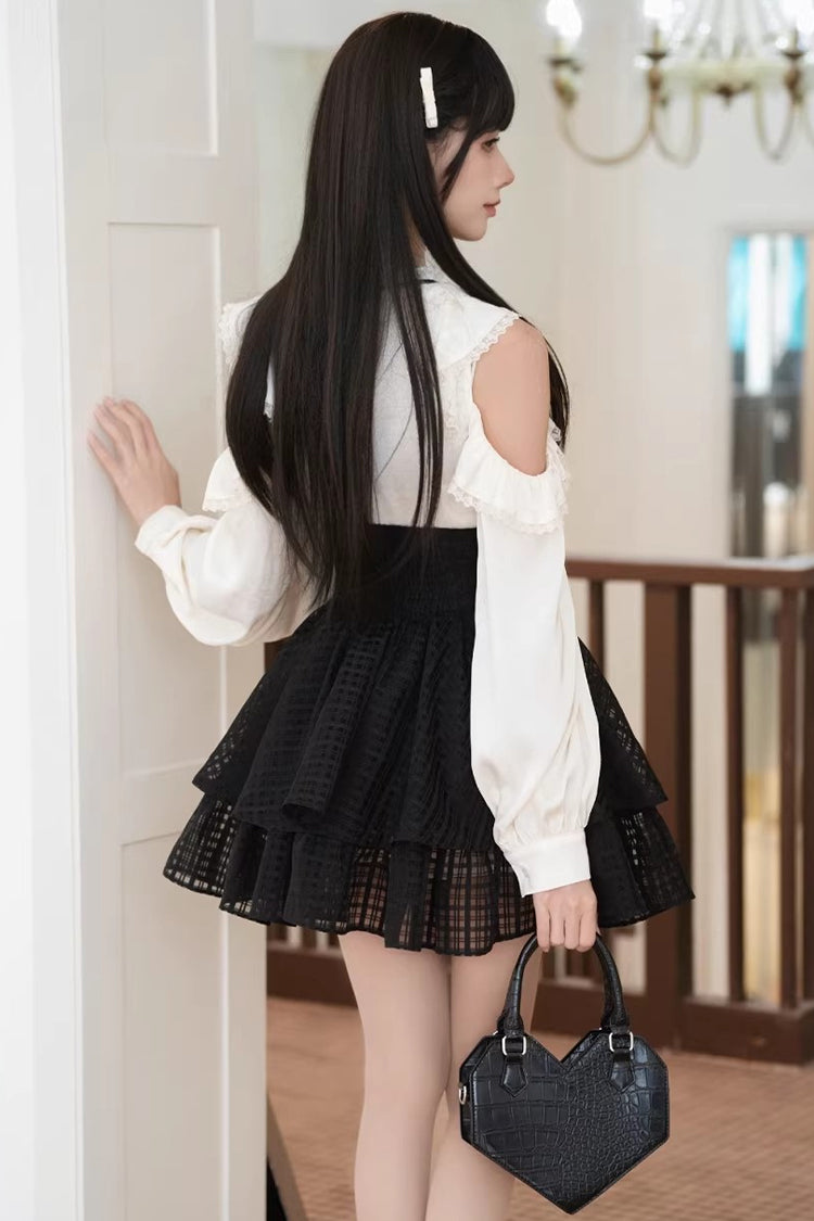 Monochrome Elegant Jirai Kei Skirt Set with Double-Layered Cut-Outs and Bow Lacing