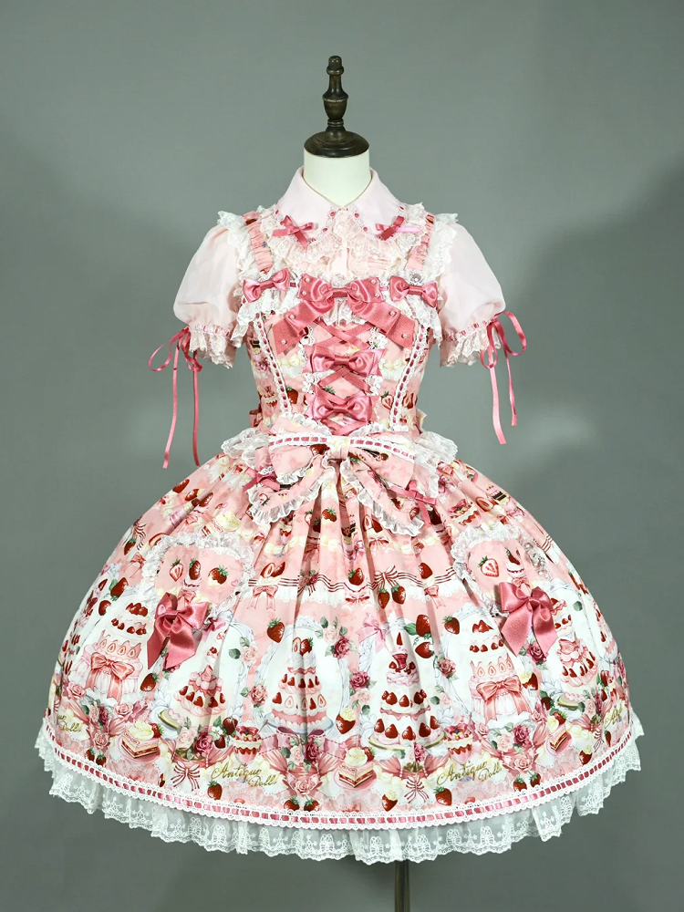 Accents Bow JSK Strawberry Print Full Sweet Set / Pink Desserts Lolita and