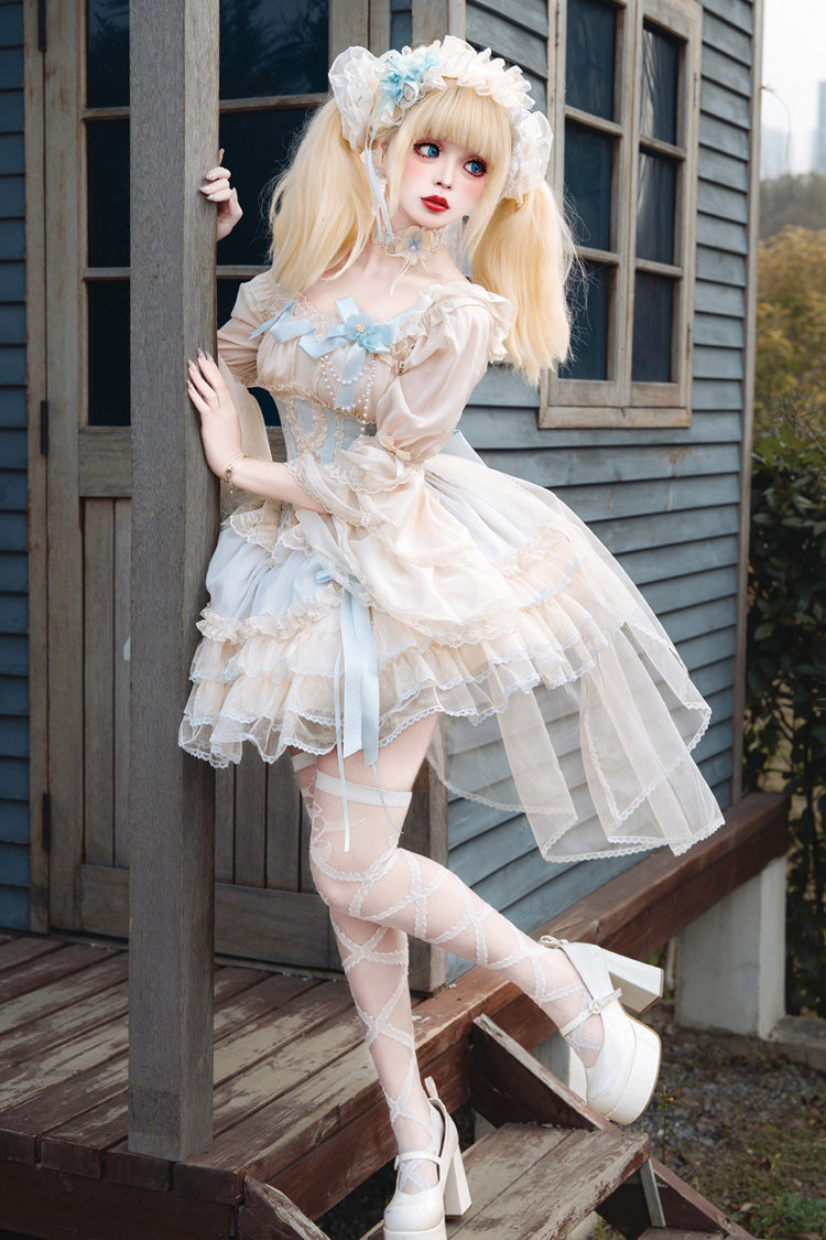 [Flowing Light Gift Box] Square Collar Sleeveless Multi-Layered Ruffled Bow Elegant Ballet Sweet Lolita Jsk Dress 6 Colors
