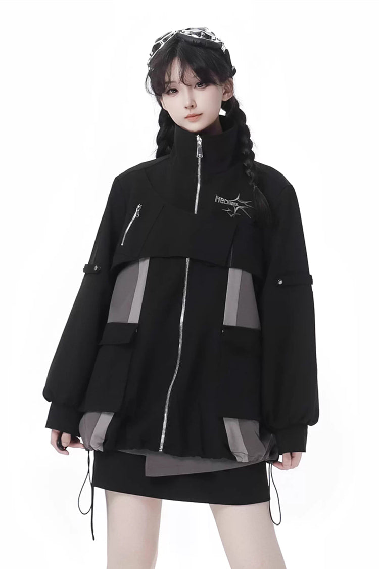 Techwear Long Sleeves Spliced Zippered Gothic Jirai Kei Skirt and Coat Set